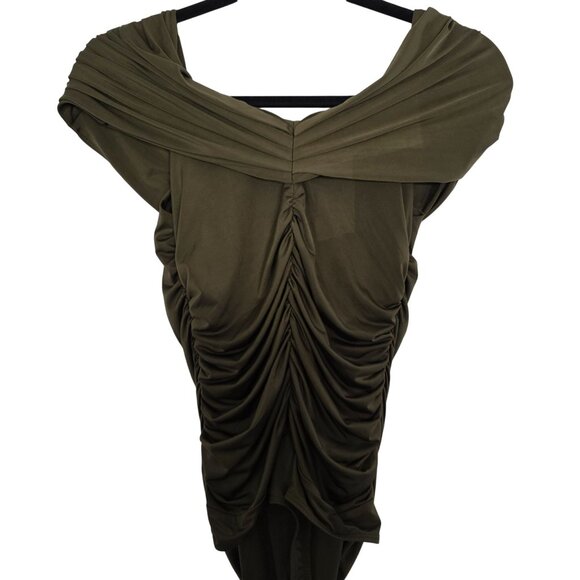 Express Body Contour Olive Off-Shoulder Ruched Bodysuit M Stretch - Picture 4 of 9